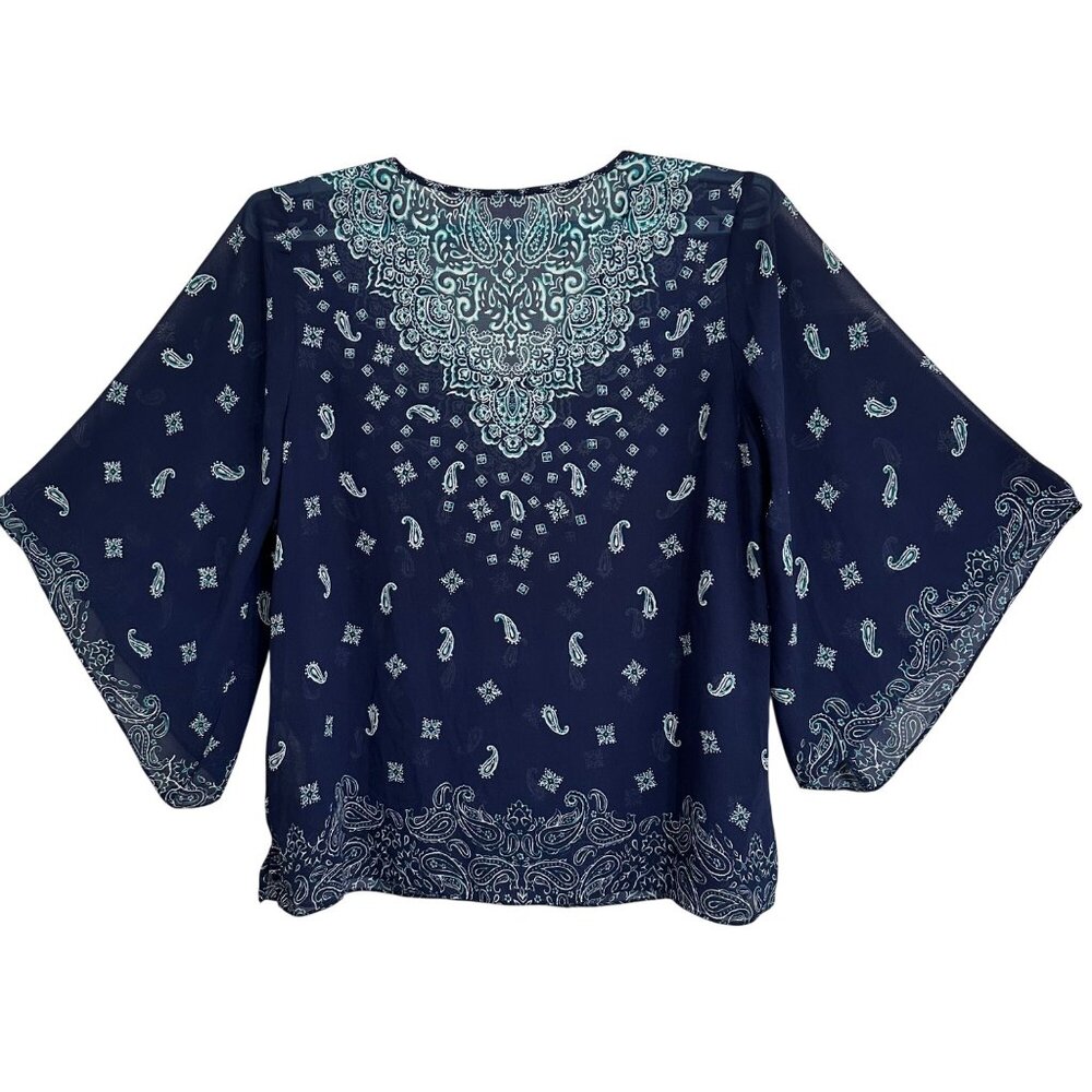 Belle Kim Gravel Navy & Teal Paisley Print V-Neck Sheer Blouse Top Womens L Boho - Picture 2 of 7